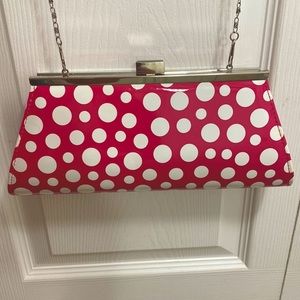 Neiman Marcus Pink with White Polka-dot Clutch with Silver Tone Chain Strap 👙